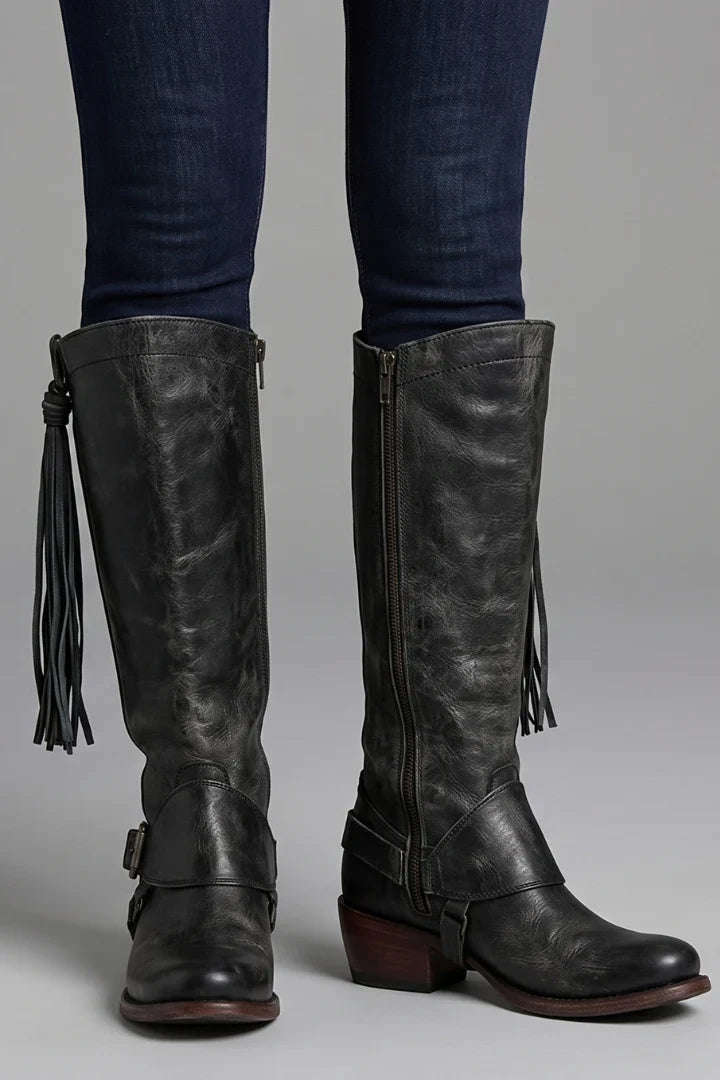 Women's Knee-High Zipper Boots with Tassel Detail