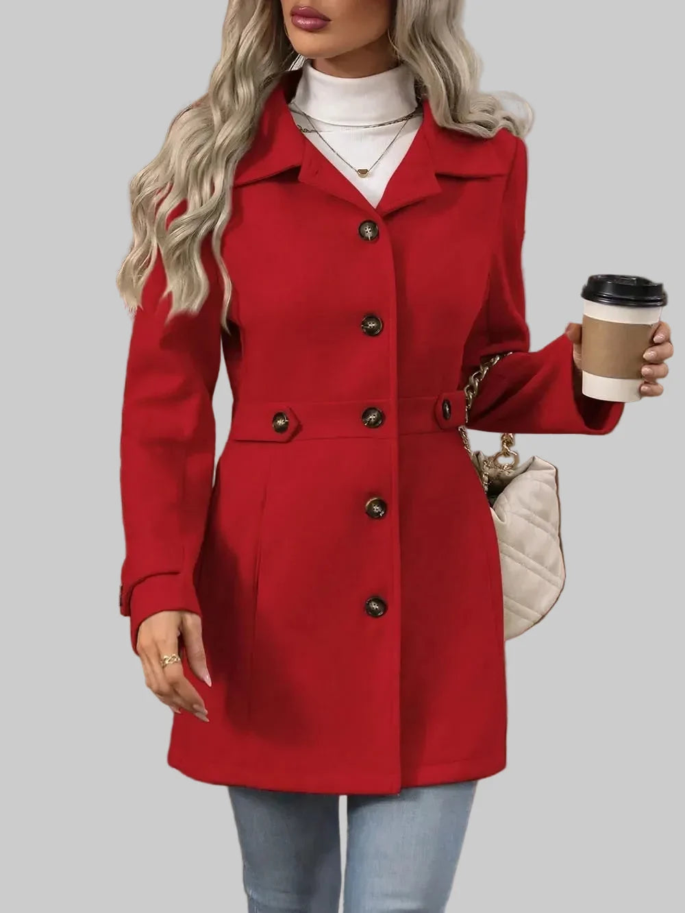 Tailored Button-Front Coat with Belted Waist