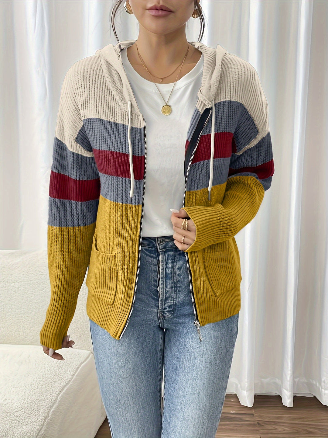 Women's Colour-Block Hooded Zip Cardigan
