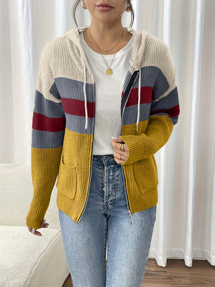 Women's Colour-Block Hooded Zip Cardigan