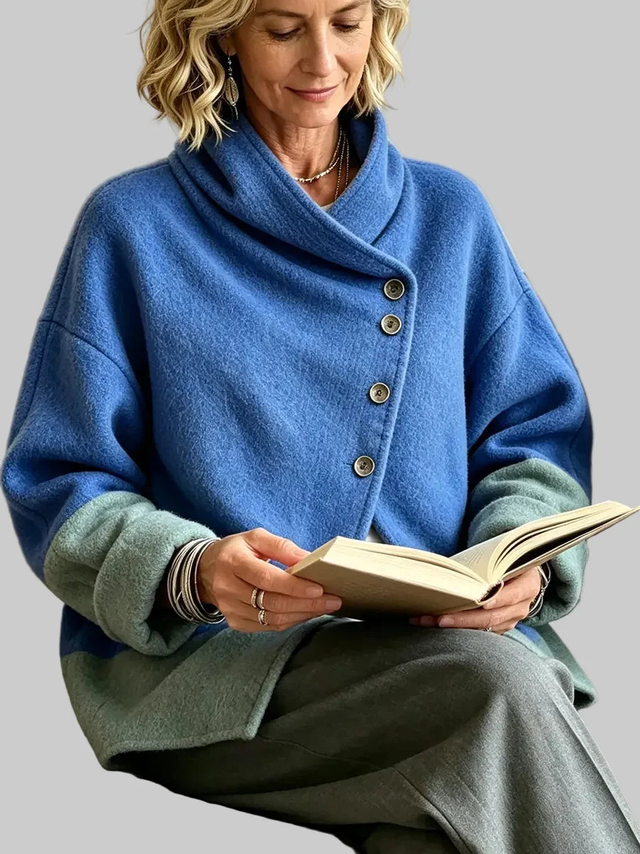 Two-Tone Wool Blend Cardigan Jacket with Asymmetric Buttons