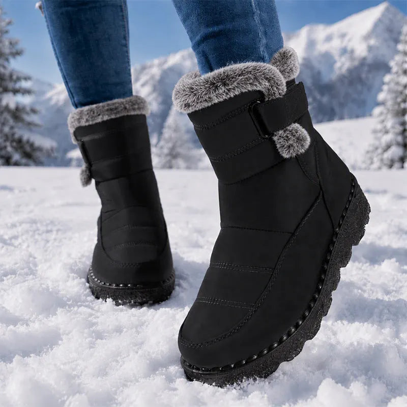 Women's Plush-Lined Faux Fur Trim Winter Ankle Boots - Black