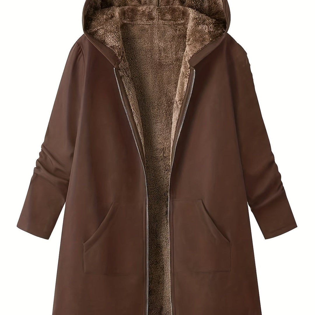 Women's Soft-Lined Hooded Longline Coat - Coffee
