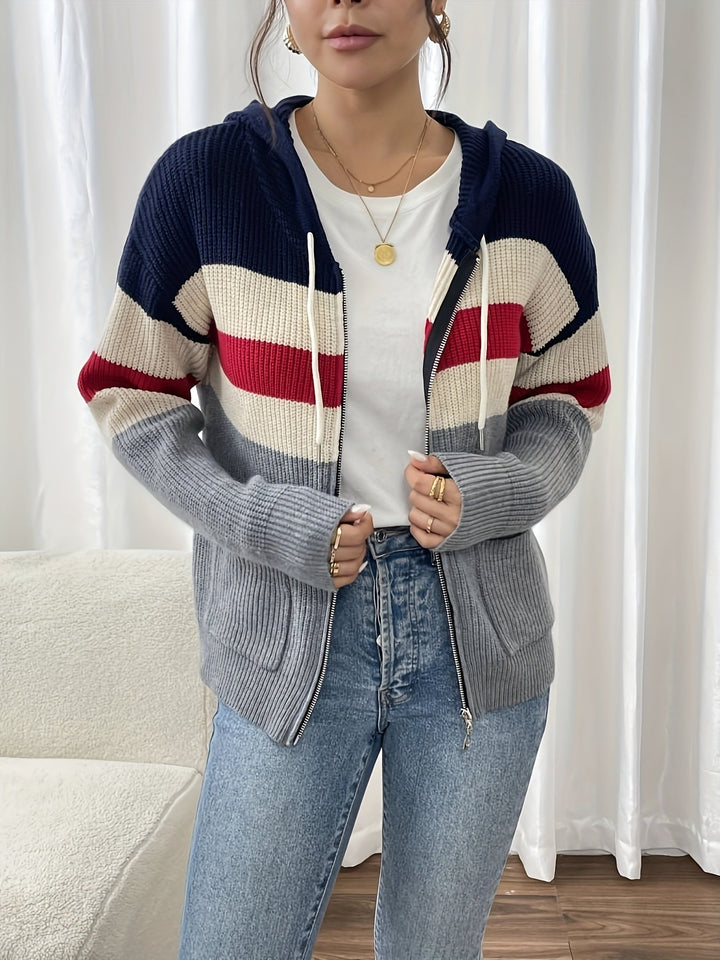 Women's Colour-Block Hooded Zip Cardigan