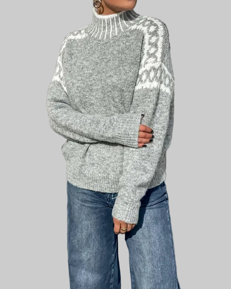 Women's Nordic Pattern Knitted Jumper with Ribbed High Neck and Relaxed Fit