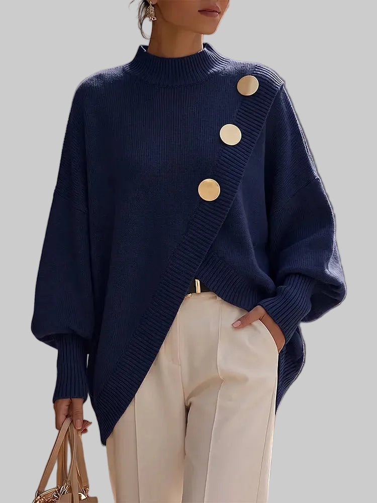 Women's Cotton-Blend Asymmetrical Ribbed Knit Jumper with Gold Buttons
