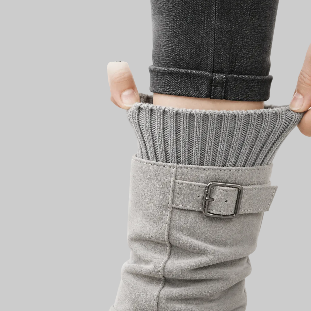 Slouch Mid-Calf Boots with Ribbed Knit Cuff and Treaded Sole