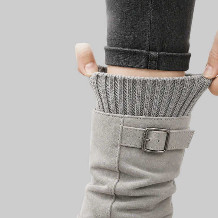 Slouch Mid-Calf Boots with Ribbed Knit Cuff and Treaded Sole