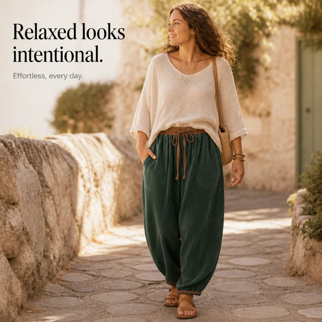 Women's Ribbed Corduroy-Look Lantern Trousers