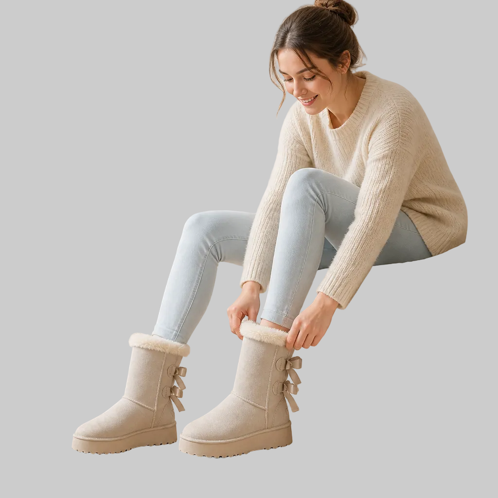 Plush-Lined Platform Winter Boots with Bow Detail