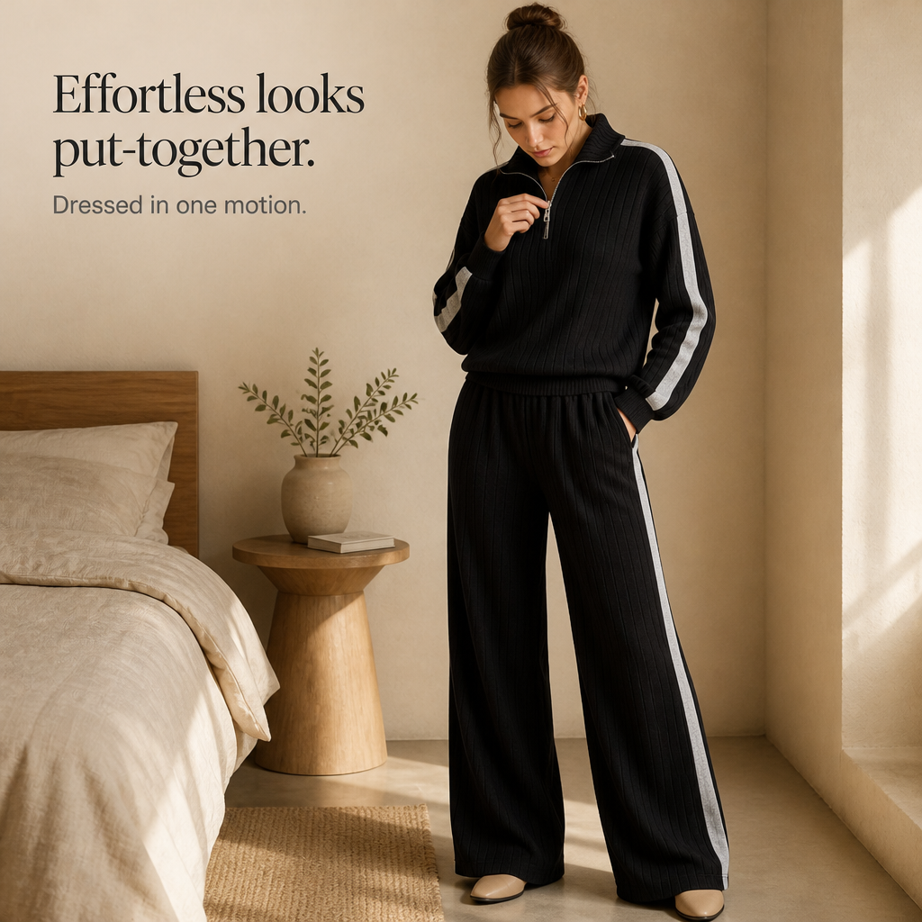 Women's Ribbed Half-Zip Wide-Leg Lounge Set