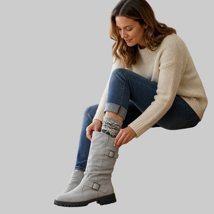 Slouch Mid-Calf Boots with Ribbed Knit Cuff and Treaded Sole