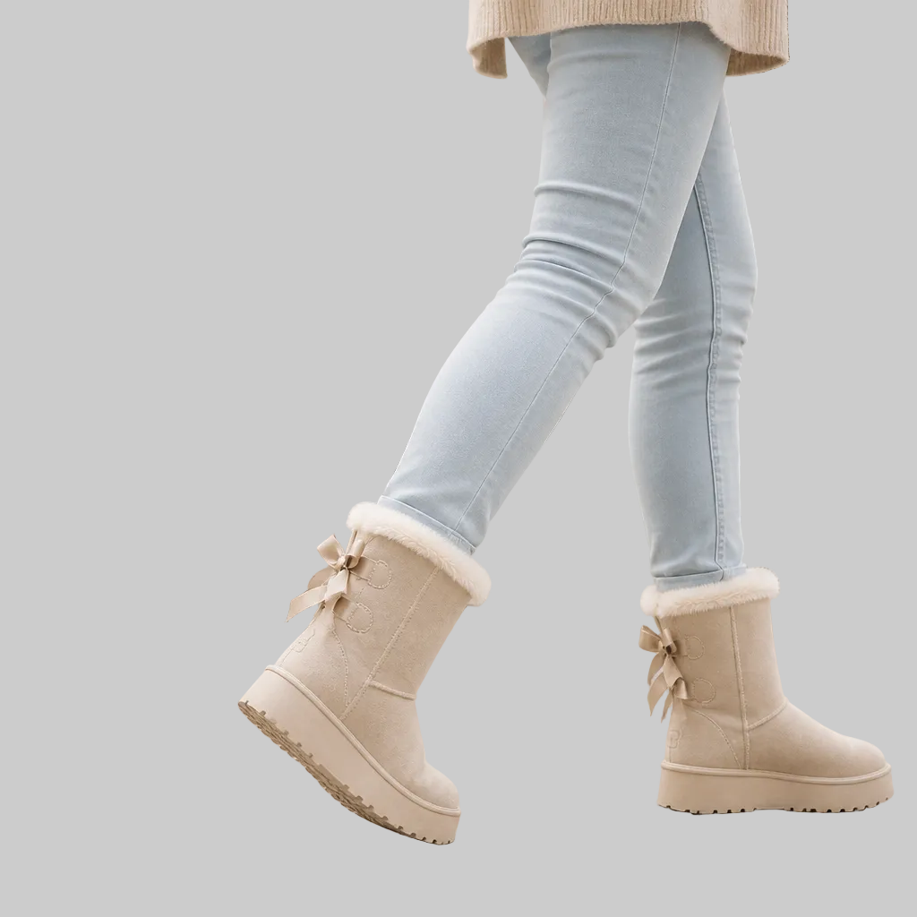 Plush-Lined Platform Winter Boots with Bow Detail