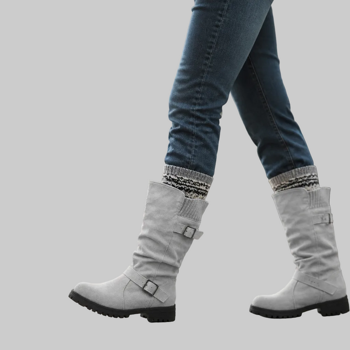 Slouch Mid-Calf Boots with Ribbed Knit Cuff and Treaded Sole
