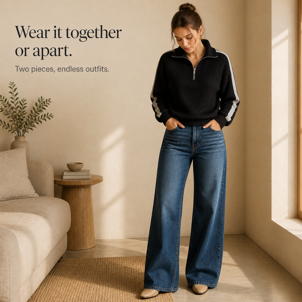 Women's Ribbed Half-Zip Wide-Leg Lounge Set