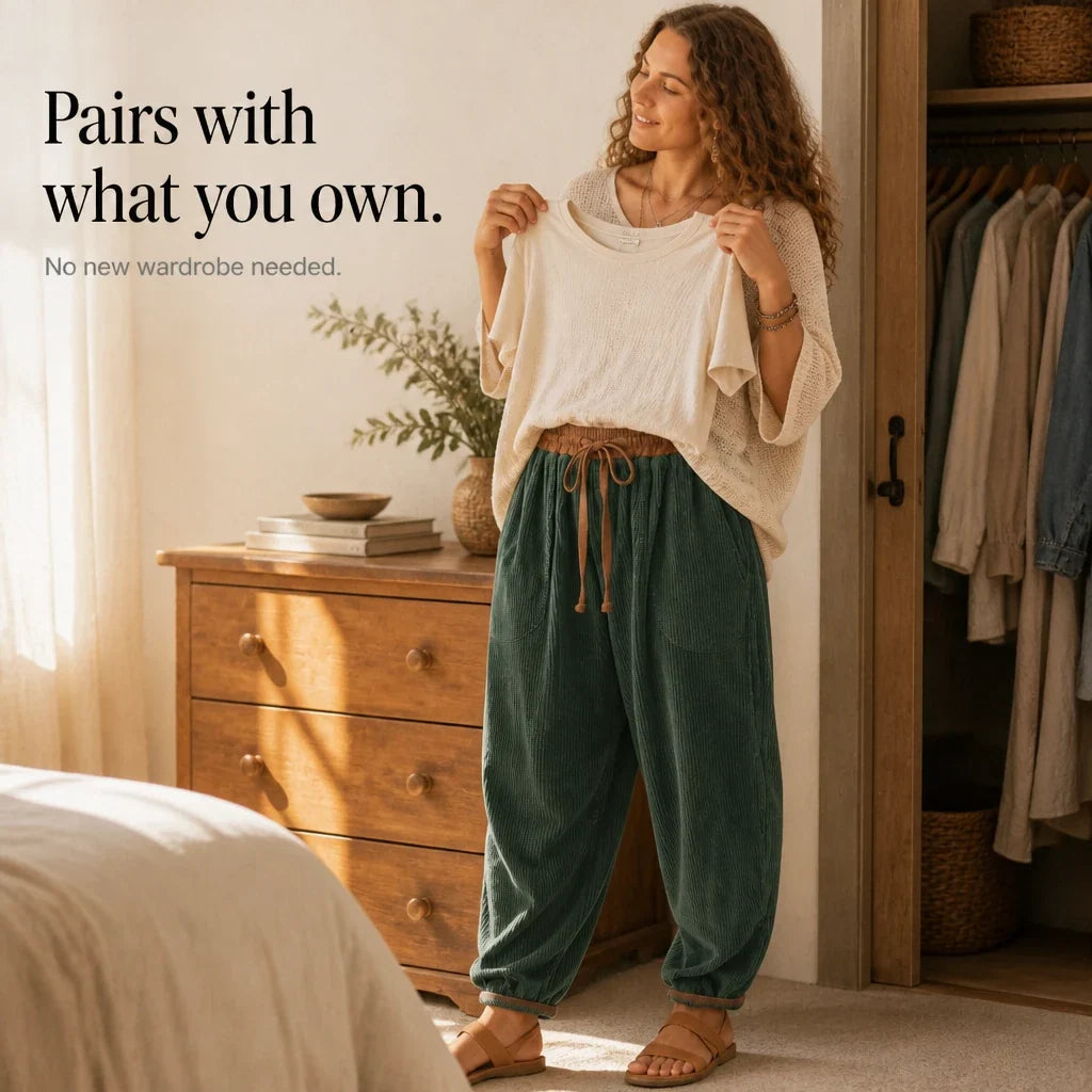 Women's Ribbed Corduroy-Look Lantern Trousers