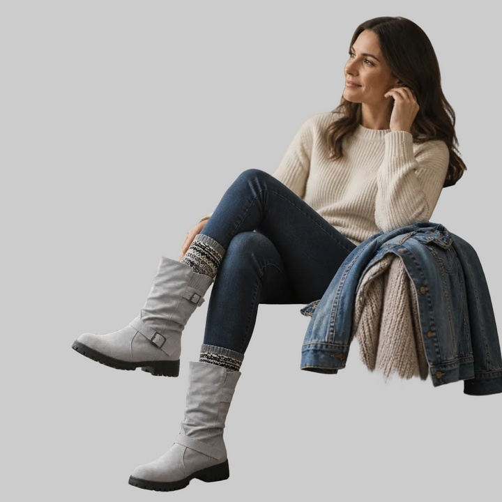 Slouch Mid-Calf Boots with Ribbed Knit Cuff and Treaded Sole