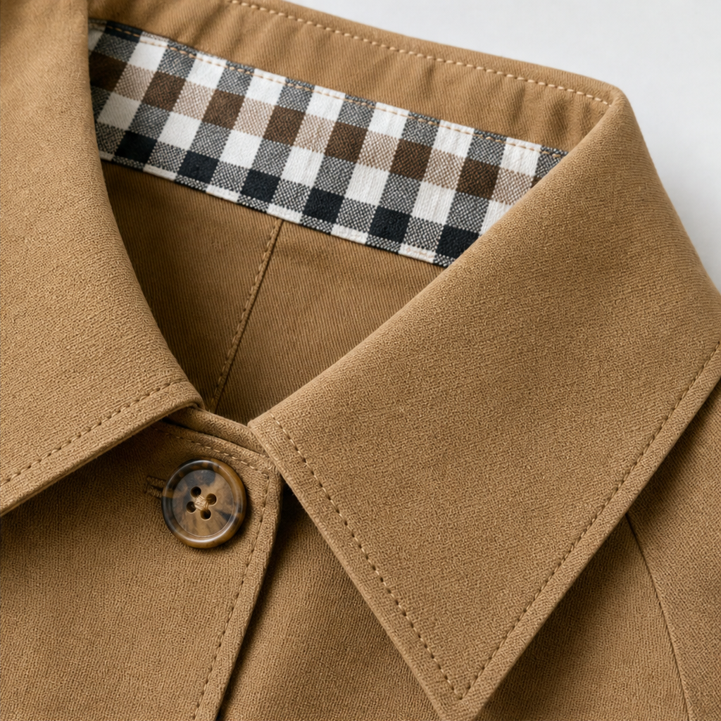 Women's Short Button-Front Coat with Raglan Sleeves and Checked Cuffs