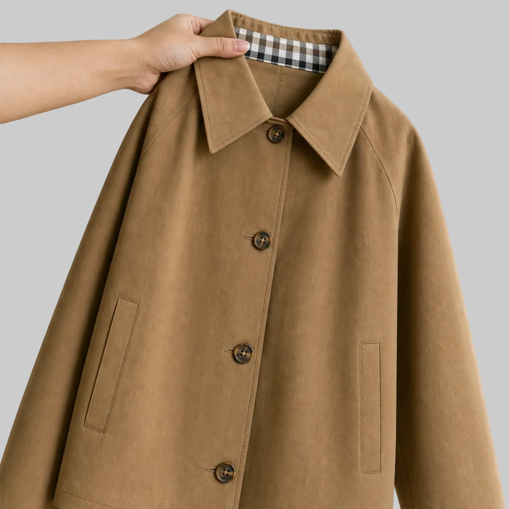 Women's Short Button-Front Coat with Raglan Sleeves and Checked Cuffs