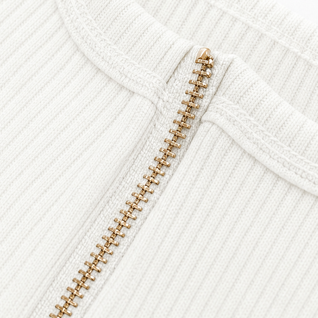Ribbed Half-Zip Notched-Collar Knit Top