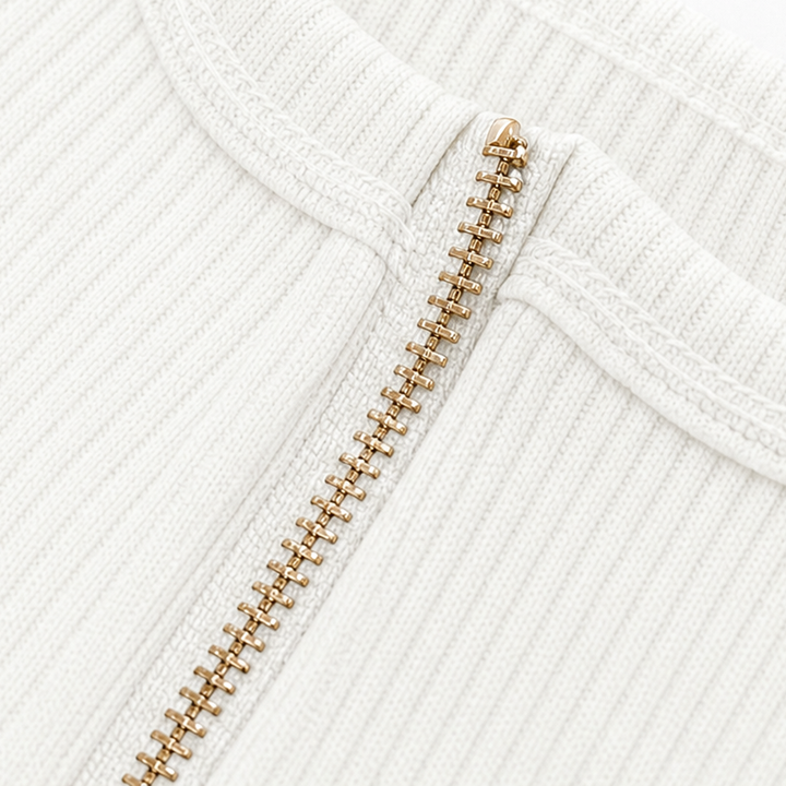 Ribbed Half-Zip Notched-Collar Knit Top