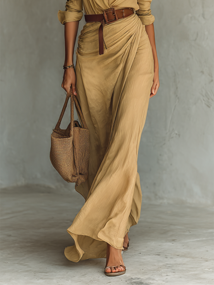 Women’s Belted Long Sleeve Lapel Maxi Dress