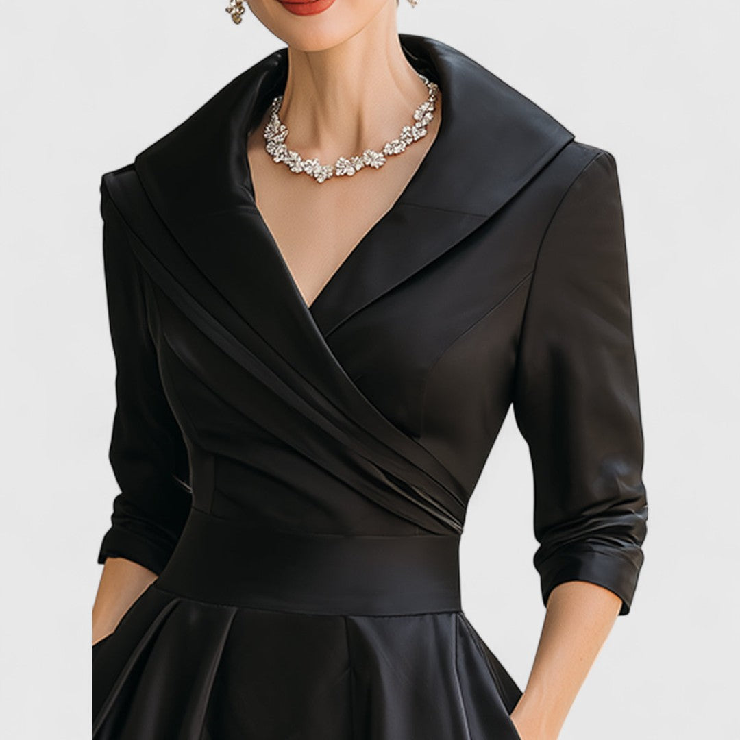 Women's V-Neck Midi Dress with 3/4 Sleeves and Cinched Waist