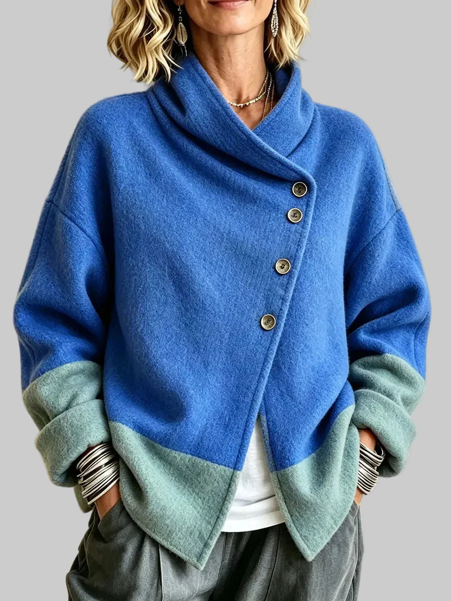 Two-Tone Wool Blend Cardigan Jacket with Asymmetric Buttons