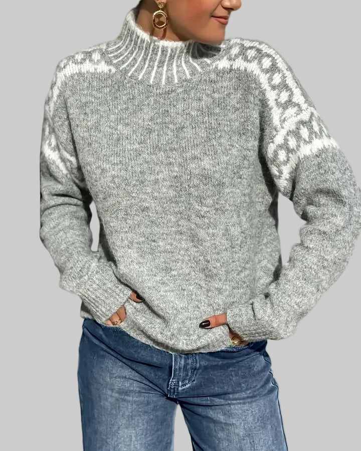 Women's Nordic Pattern Knitted Jumper with Ribbed High Neck and Relaxed Fit