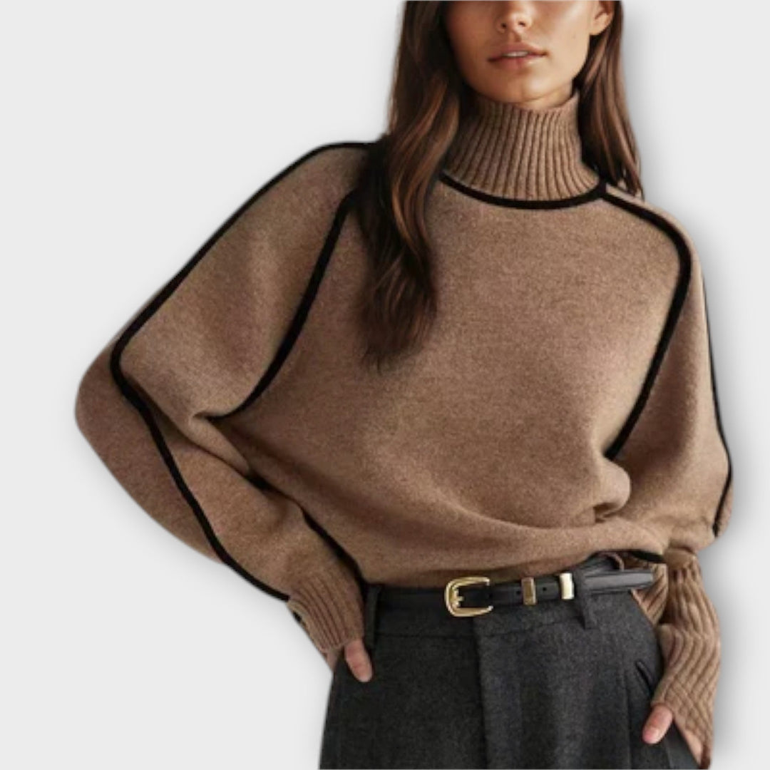 Women's High-Neck Knit Sweater with Contrast Piping
