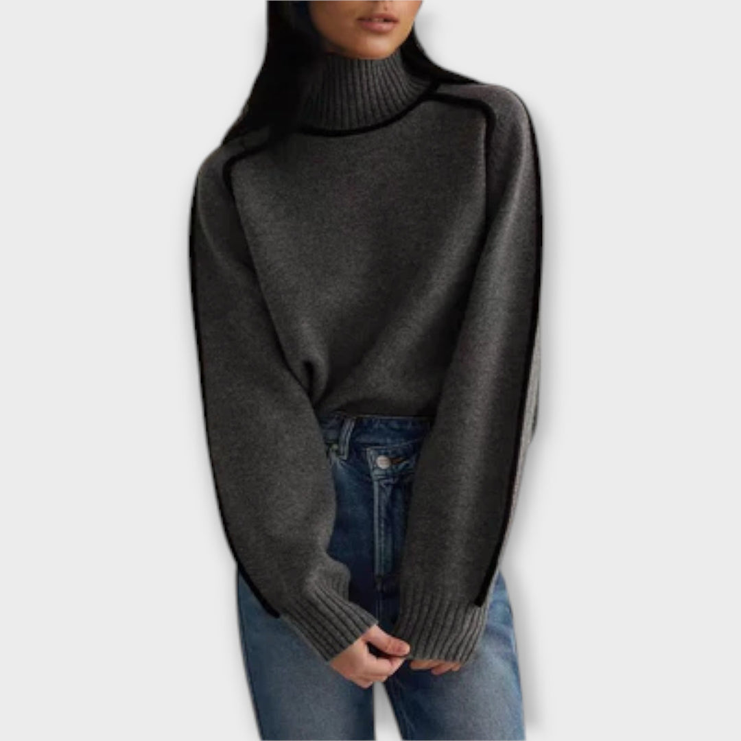 Women's High-Neck Knit Sweater with Contrast Piping