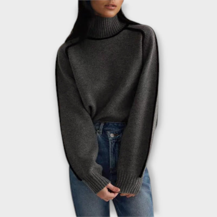 Women's High-Neck Knit Sweater with Contrast Piping