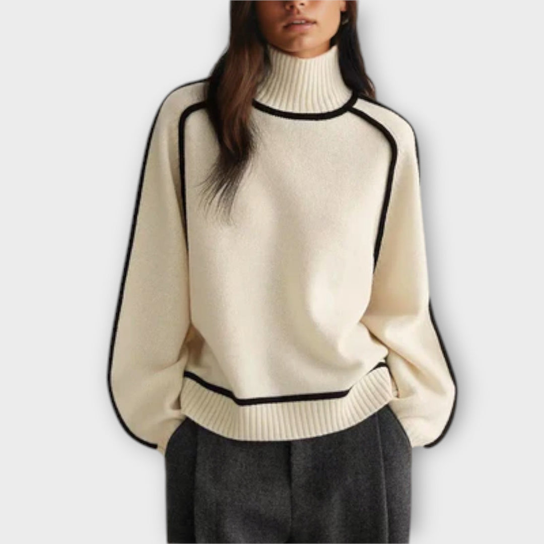 Women's High-Neck Knit Sweater with Contrast Piping