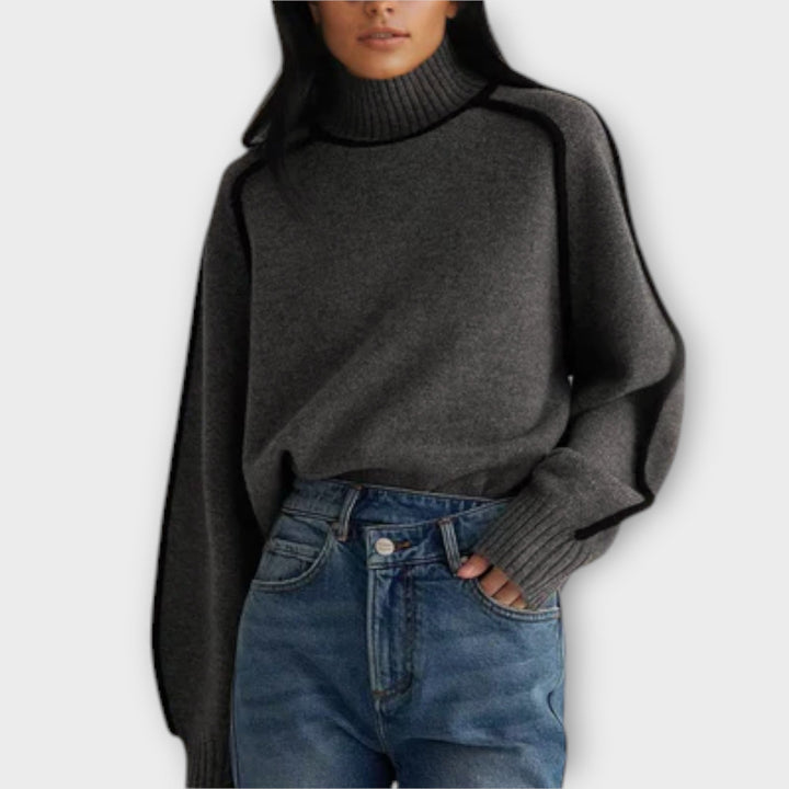 Women's High-Neck Knit Sweater with Contrast Piping