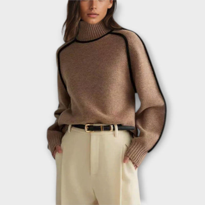 Women's High-Neck Knit Sweater with Contrast Piping