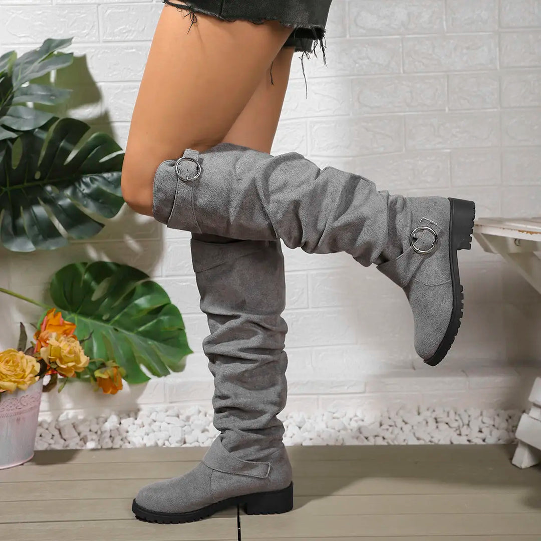 Women's Slouchy Over-the-Knee Flat Block Heel Boots - Khaki