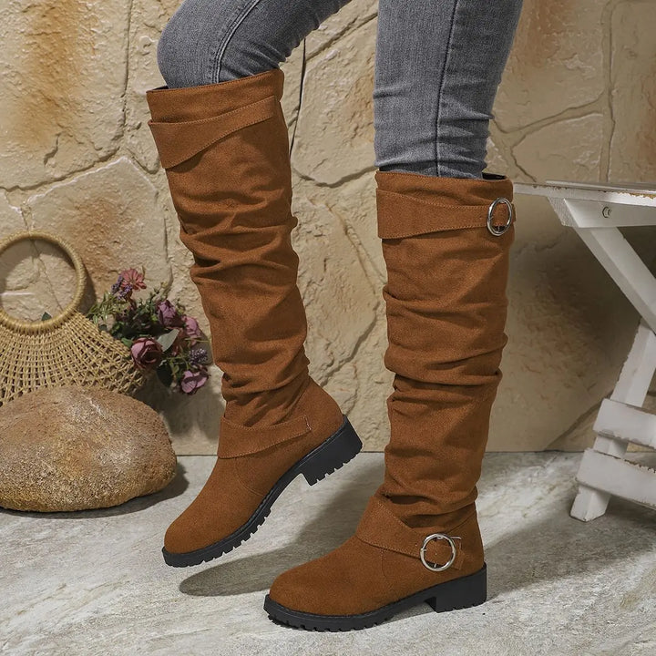 Women's Slouchy Over-the-Knee Flat Block Heel Boots - Brown