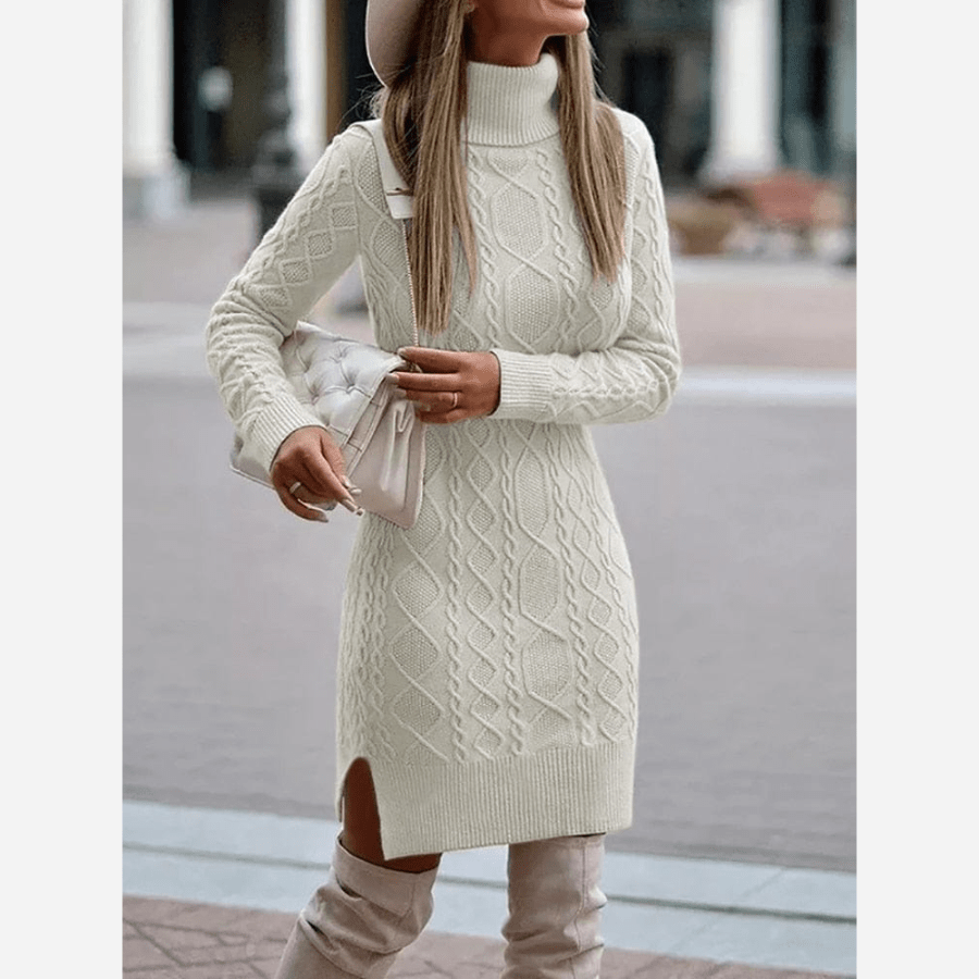 Women's Turtleneck Knit Midi Dress with Side Slit - Beige