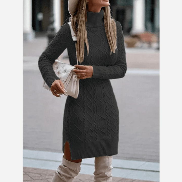 Women's Turtleneck Knit Midi Dress with Side Slit - Black