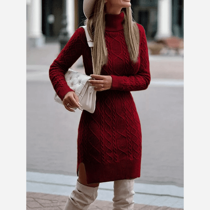 Women's Turtleneck Knit Midi Dress with Side Slit - Red