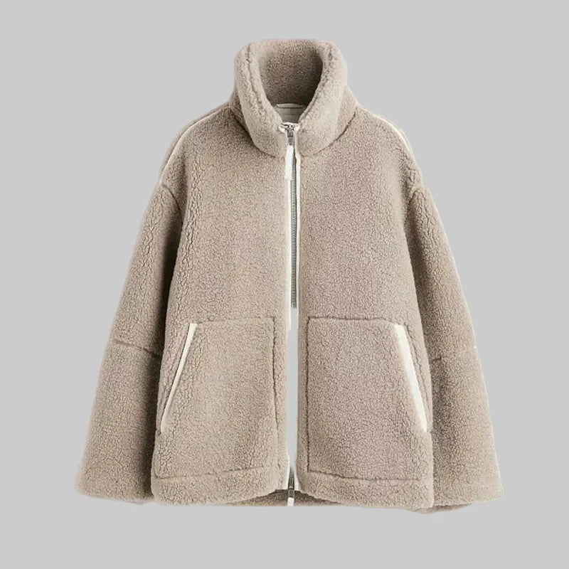 Women's Oversized Teddy Zip Jacket with High Collar