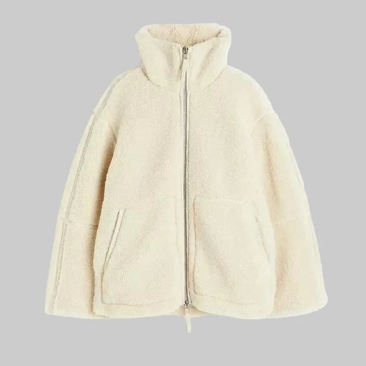 Women's Oversized Teddy Zip Jacket with High Collar