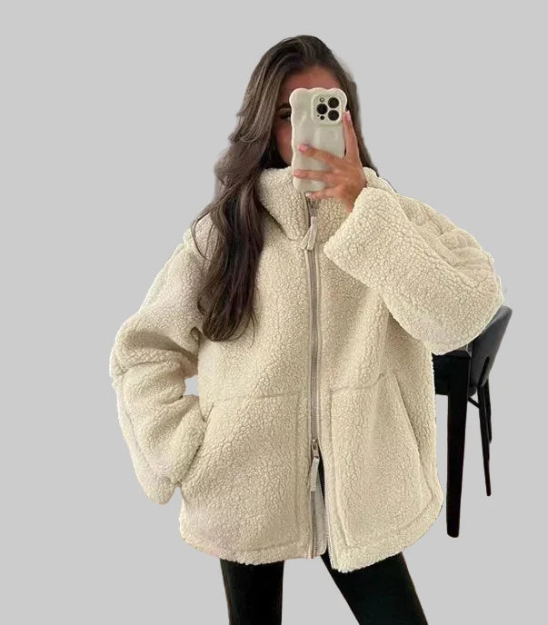 Women's Oversized Teddy Zip Jacket with High Collar