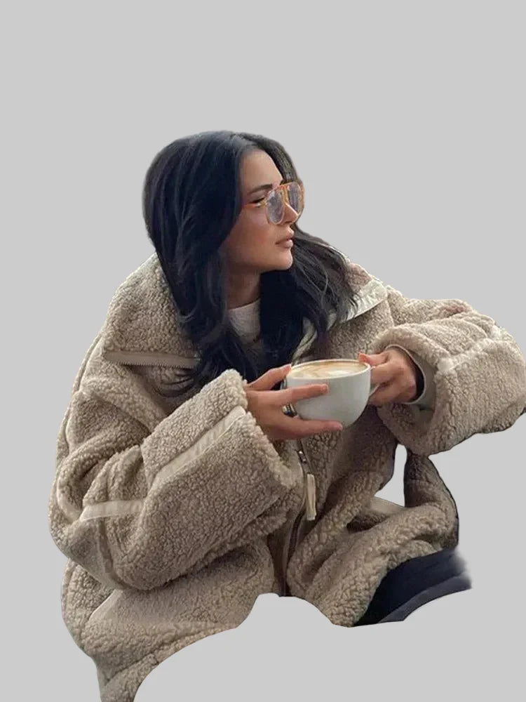 Women's Oversized Teddy Zip Jacket with High Collar