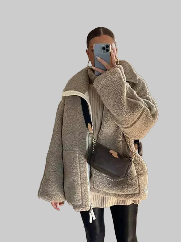 Women's Oversized Teddy Zip Jacket with High Collar