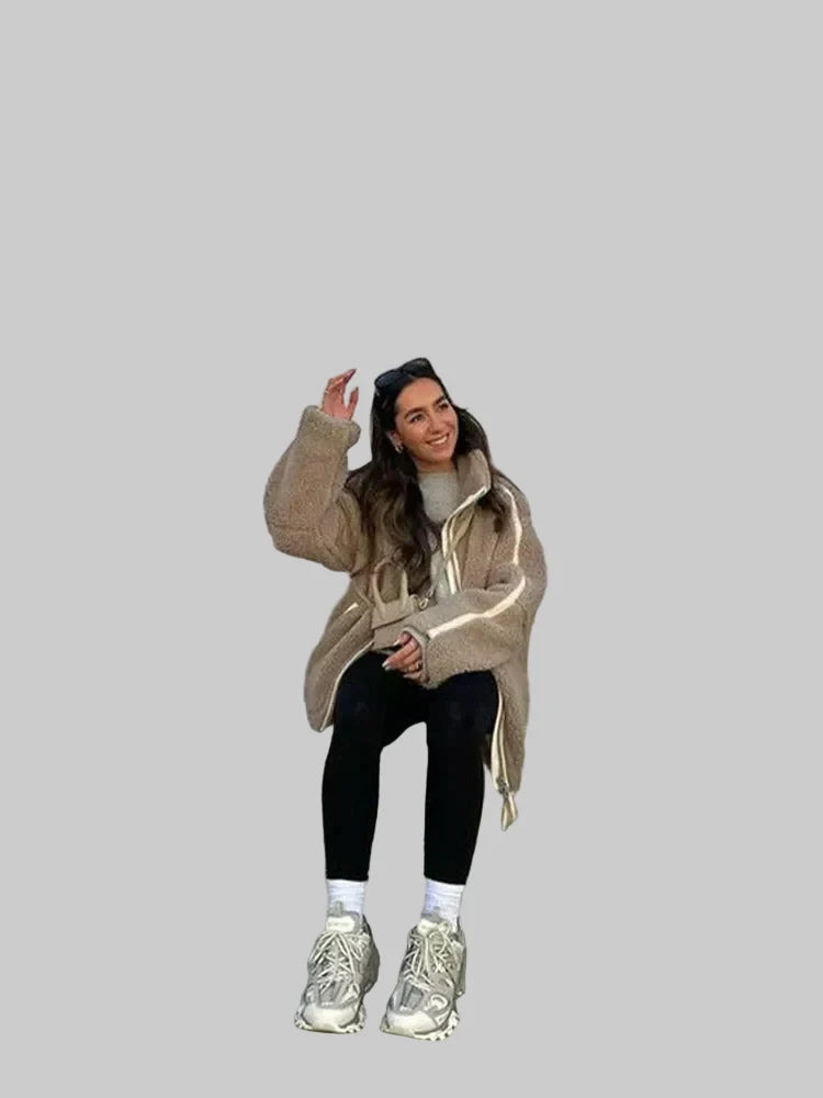 Women's Oversized Teddy Zip Jacket with High Collar