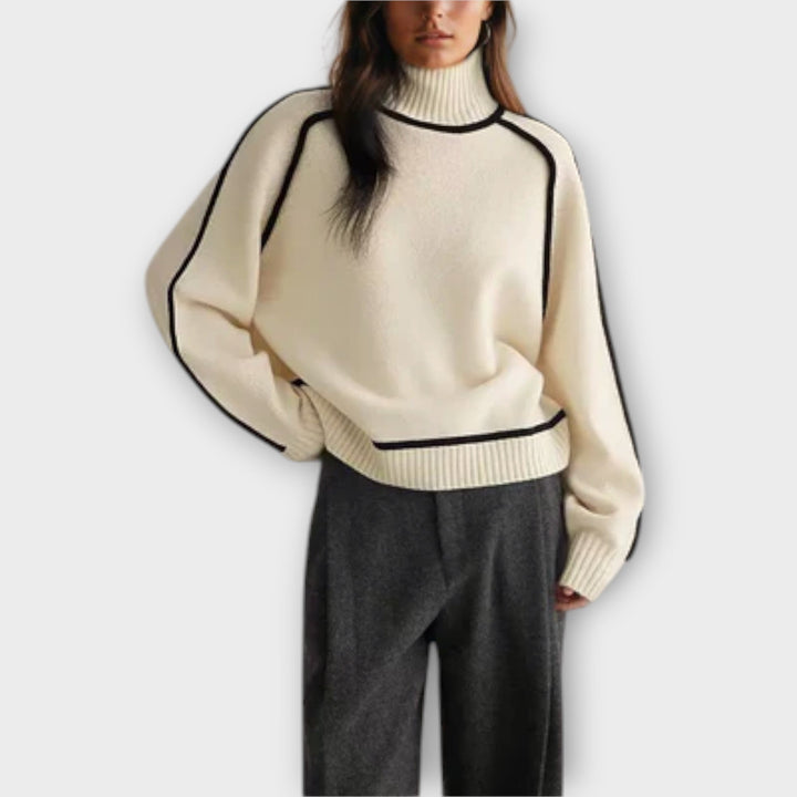 Women's High-Neck Knit Sweater with Contrast Piping