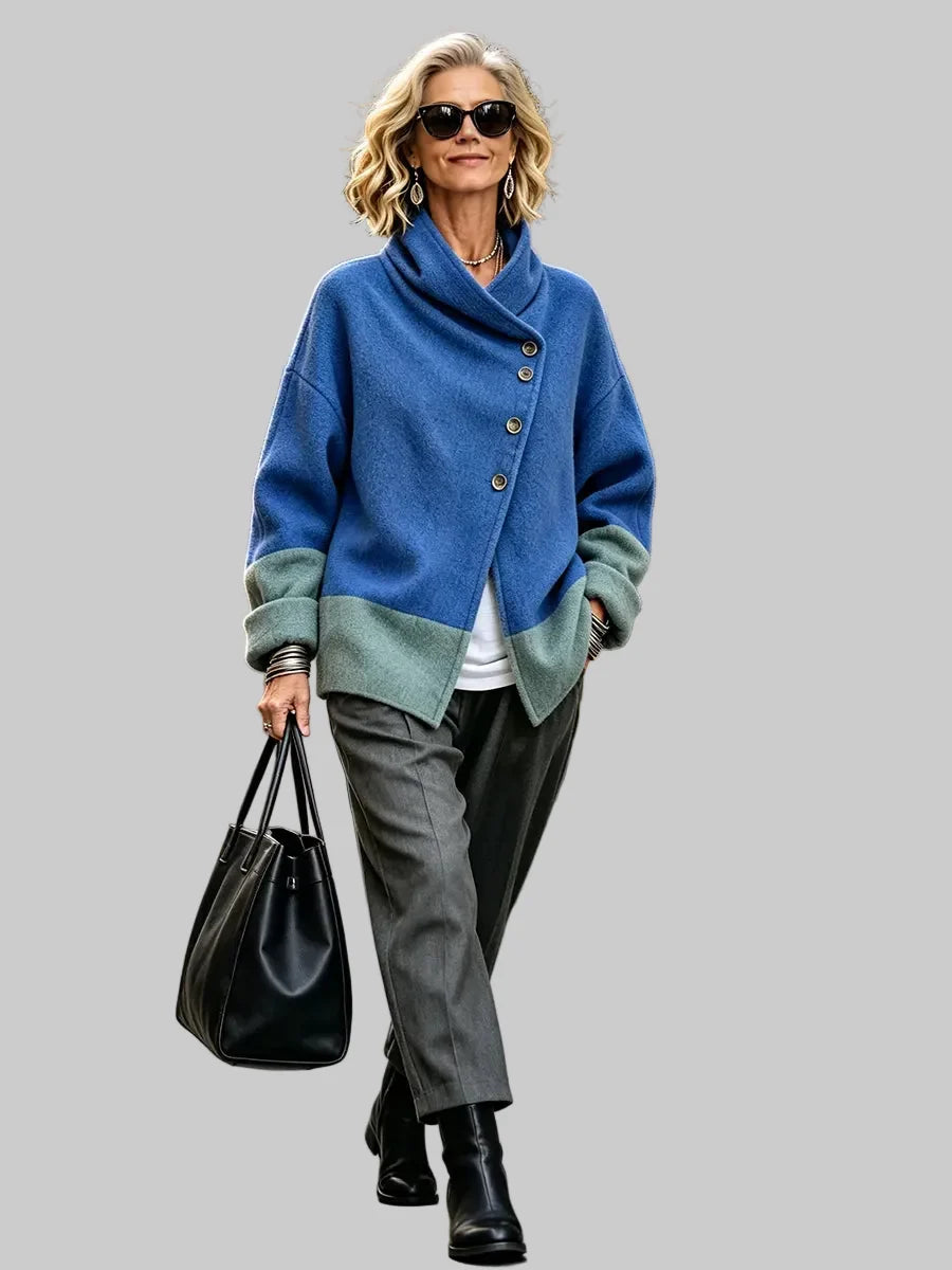 Two-Tone Wool Blend Cardigan Jacket with Asymmetric Buttons