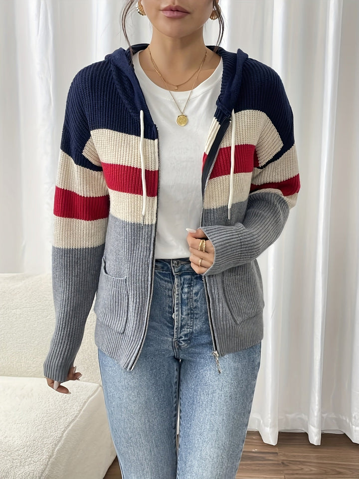 Women's Colour-Block Hooded Zip Cardigan