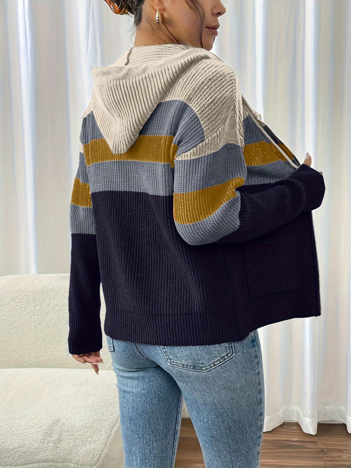 Women's Colour-Block Hooded Zip Cardigan